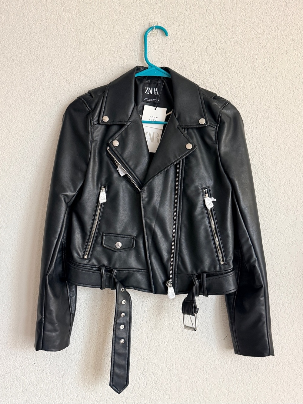 Zara Black Faux Leather Moto Jacket with Belt